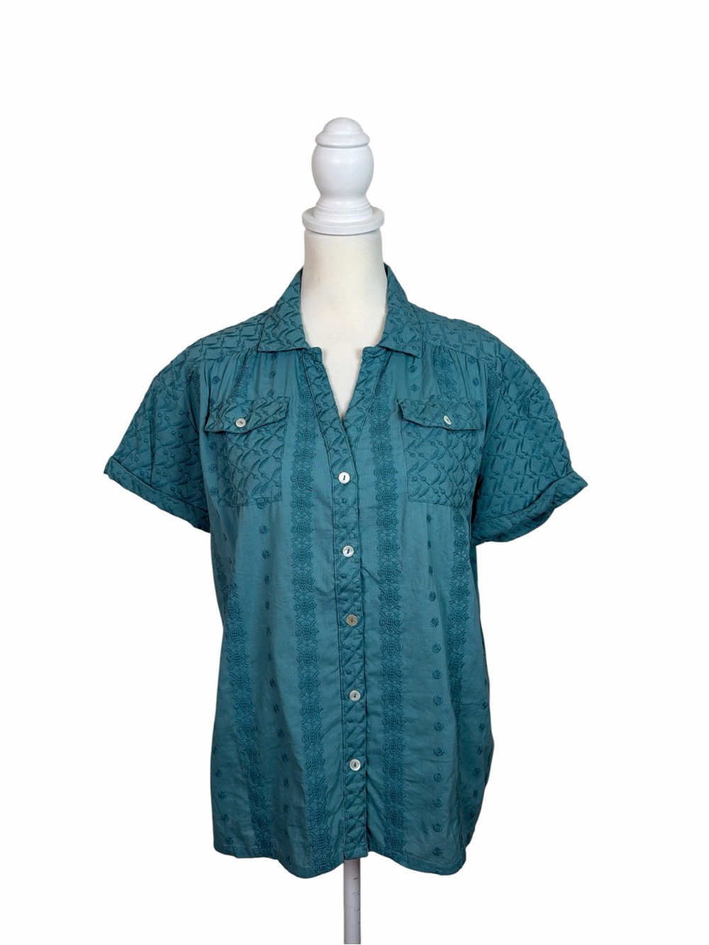 Sundance Women’s Teal Embroidered Cotton Button Down Shirt Boho Western Large